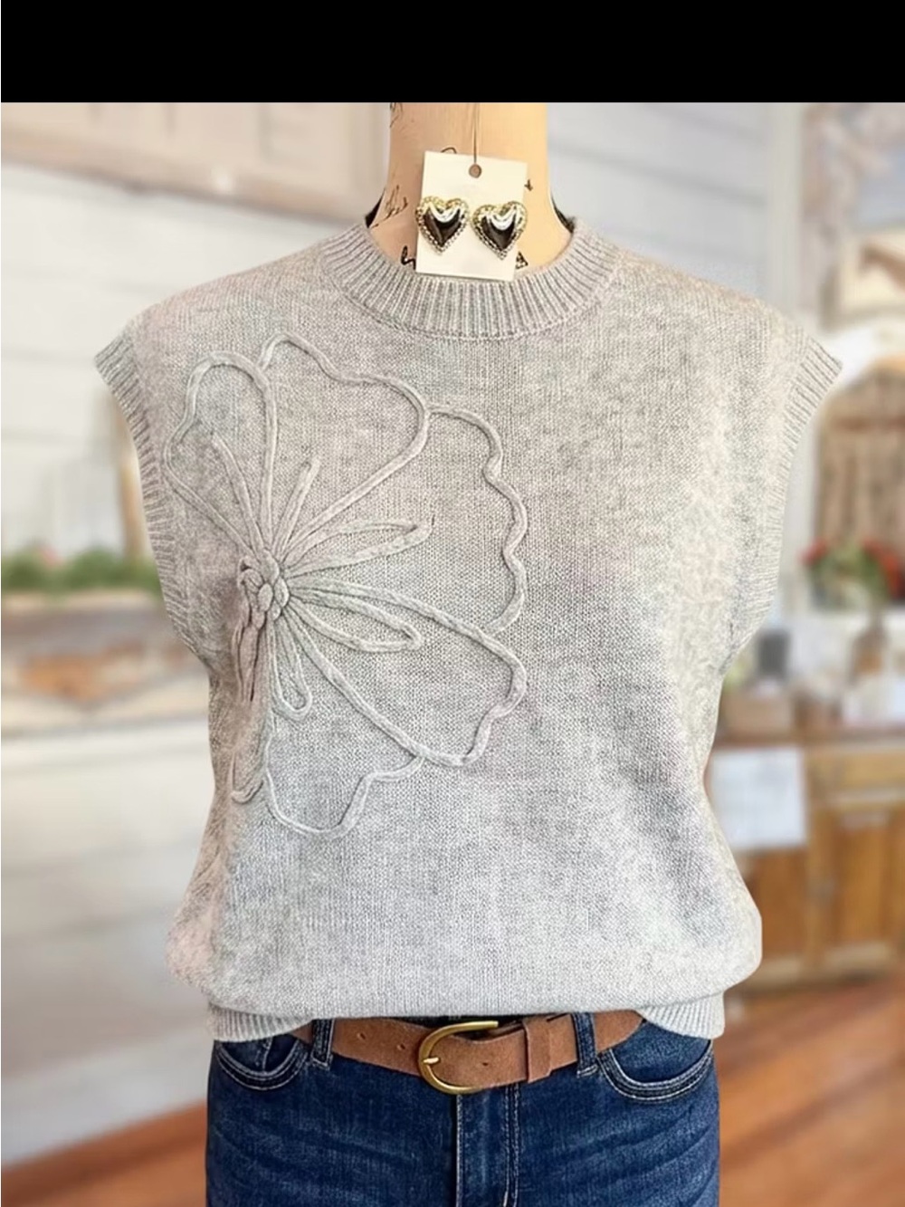 Light Gray Floral Applique Sleeveless Crew Sweater